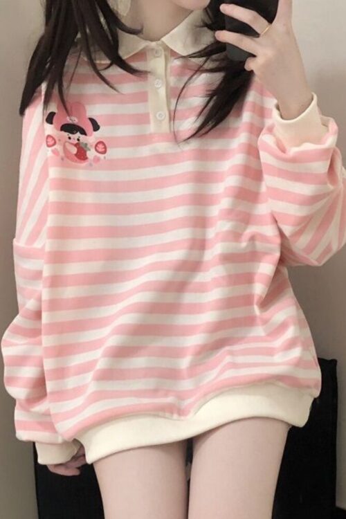 Kawaii Pink Striped Sweatshirt Woman ...