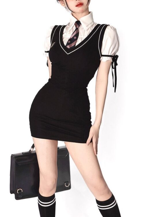 Preppy Style Vest Dress Women Two Piece Set Cute Sexy Korean Puff Sleeve Shirt Black Slim Mini Dress