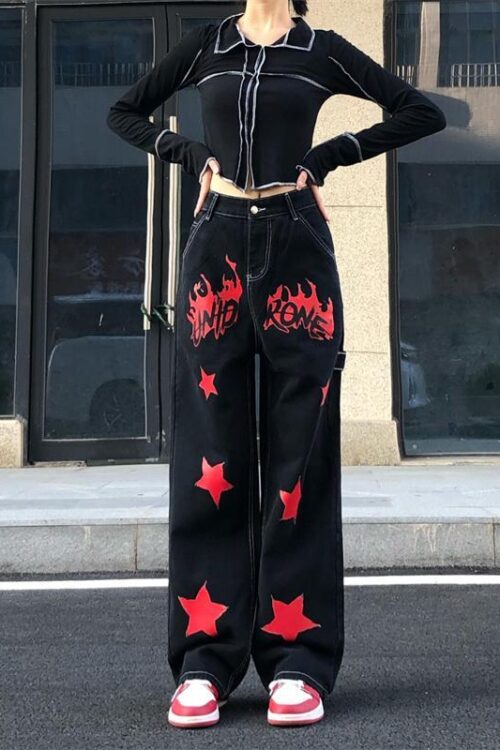 New Flame Star Print Women Jeans High Street Retro Hip Hop Style Baggy