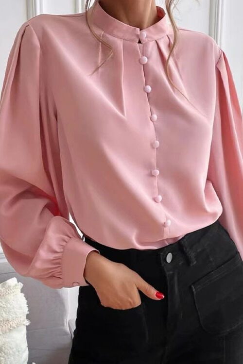 Women  Shirt Autumn Elegant Solid Color Collared Long Sleeve Single Row Button Loose Women Top
