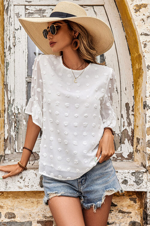 Summer Half Sleeve Chiffon Shirt White round Neck Casual White Top for Women