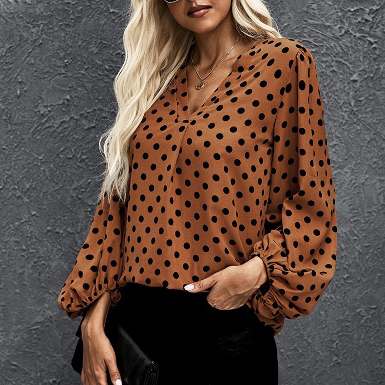 Autumn Winter Spot Polka-Dot Loose-Fitting Lantern Sleeve Long Sleeve Shirt