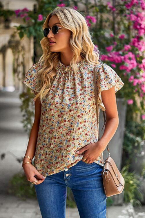 Spring Summer Women Clothing Loose Casual Top Floral round Neck Shirt Women
