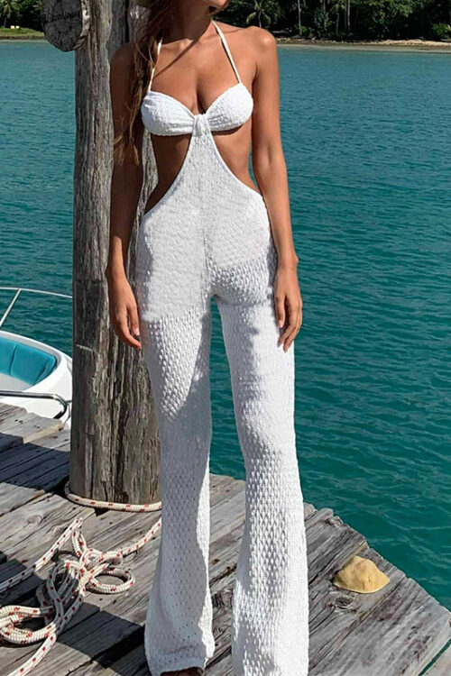 Summer Beach Sexy Backless Lace up  Women Hollow Out Cutout out Wide Leg Jumpsuit