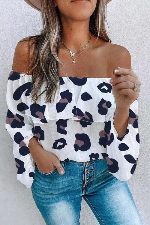 Leopard Print off Shoulder Collar Lon...