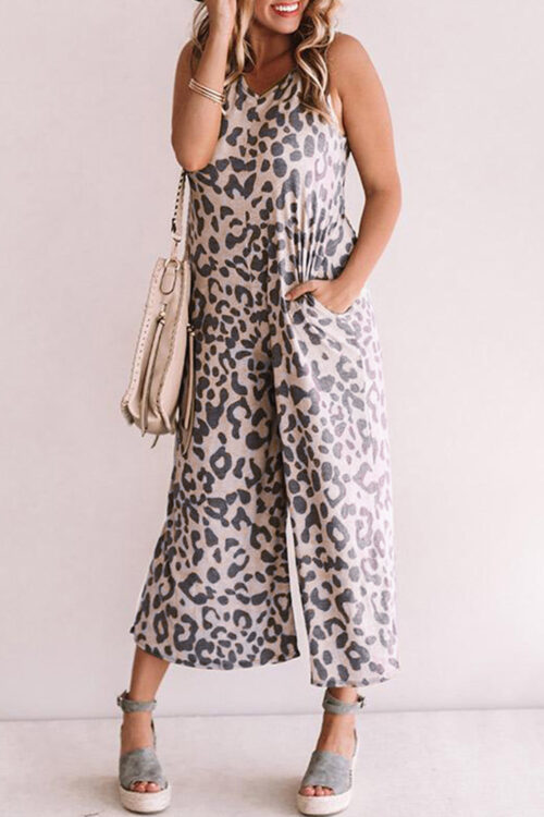 Summer Women Streetwear Leopard Print Sleeveless Loose Women Jumpsuit