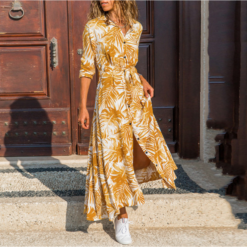 Spring Autumn Polo Collar Bohemian Printed Single Breasted Midi Dress Long Sleeve Dress