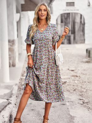 V neck Elegant Dress Summer Short Sle...