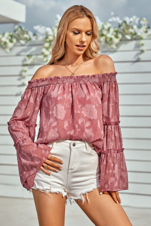 Women Clothing Casual Solid Color off Shoulder Long Sleeve Chiffon Blouses for Women