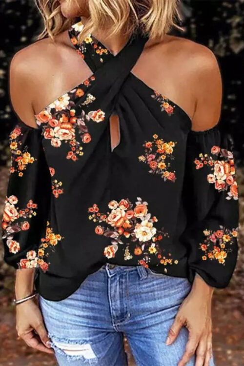 Summer Printed Long Sleeve Halter Sexy Backless Loose Top Women