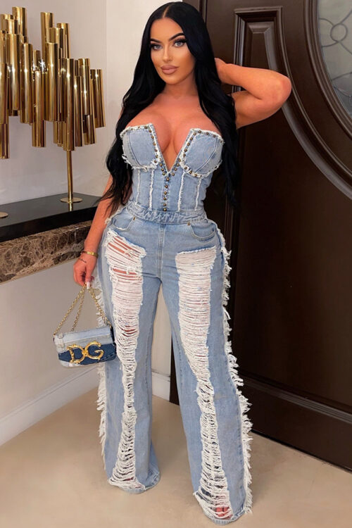 Summer Sexy Cutout Ripped Long Zipper Wrapped Chest Cowboy Siamese Clothes for Women