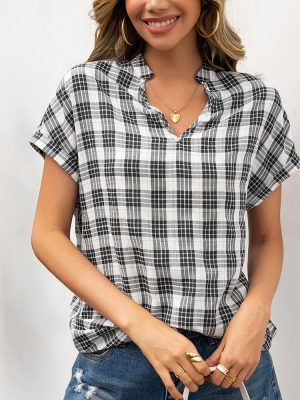 Casual Plaid V Neck Short Sleeve Shir...