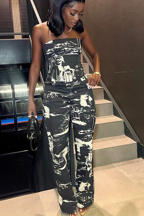 Women Clothing off the Digital Printing Hip Lifting Wide Leg One Piece Jumpsuit