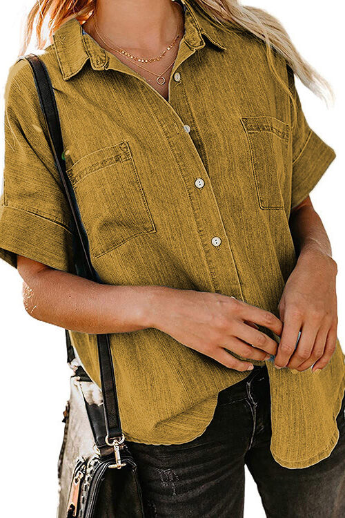 Women Denim Shirts Spring Autumn Loose Double Pocket Short Sleeve Casual Coat Shirt