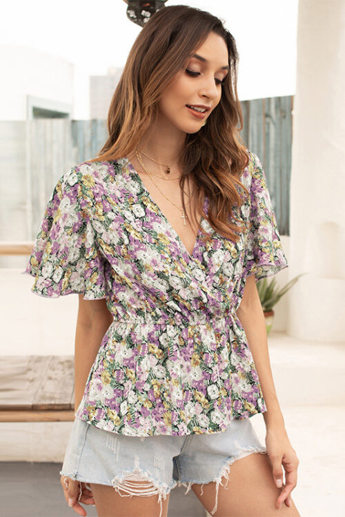 Summer V neck Ruffle Small Floral Tig...