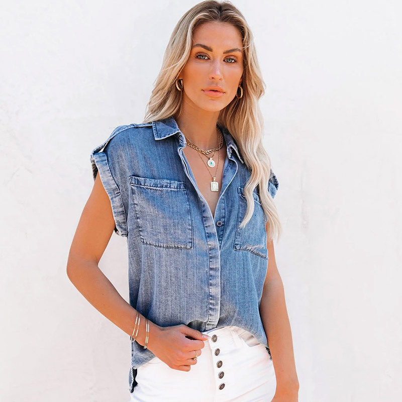 New  Sleeveless Denim Shirt Straight Pocket Loose  Top for Women