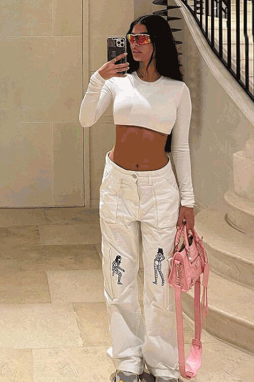 Fall Women Clothing Street Shooting Straight High Waist Slimming Solid Color Embroidery Women Casual Pants
