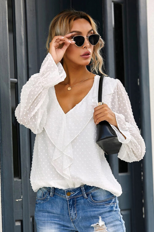 Solid Color V-neck Pullover Ruffled Lantern Sleeves Office Loose Chiffon Autumn Women Top