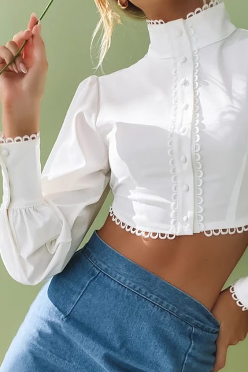 Autumn Chinese Collar High-Necked Short Top Lace White Shirt cropped Workplace Long Sleeve Women