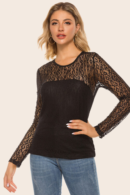 Spring Summer Women Round-Neck Sexy Hollow Out Cutout out Lace Stitching Long Sleeve Casual Bottoming Shirt