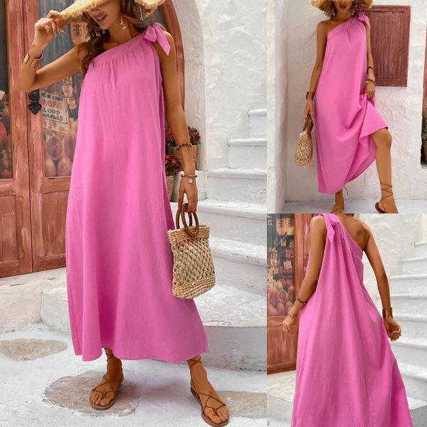 Summer Summer Casual Loose Big Hem Sling Shoulder Slope A line Halter Dress for Women - Image 5