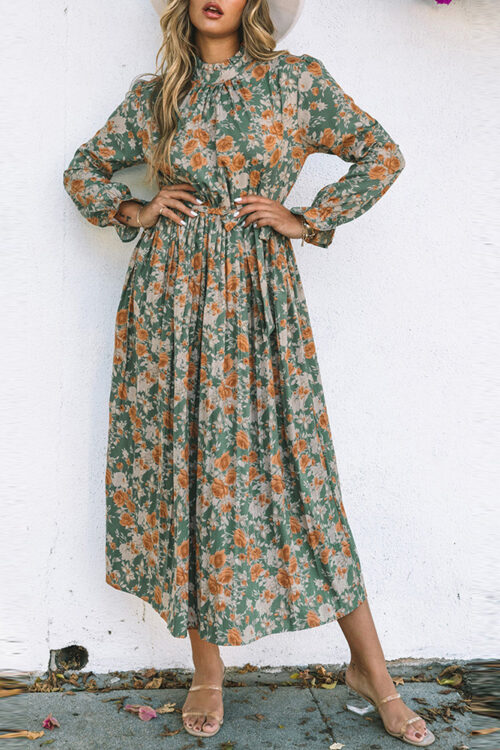 Green Pleated Long Sleeved Floral Dre...
