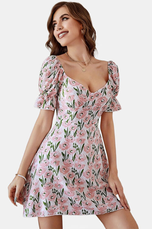 French Sweet Puff Sleeve Dress Summer...