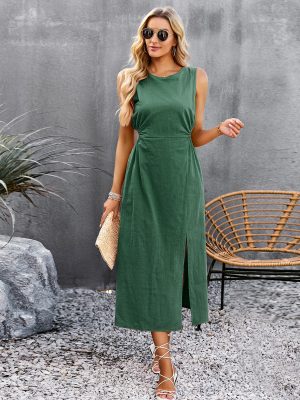 Solid Color Dress Summer Waist Contro...