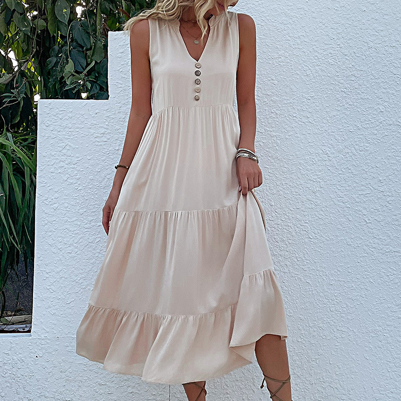 Summer Vest Dress Sleeveless Loose Casual Solid Color Babydoll Dress