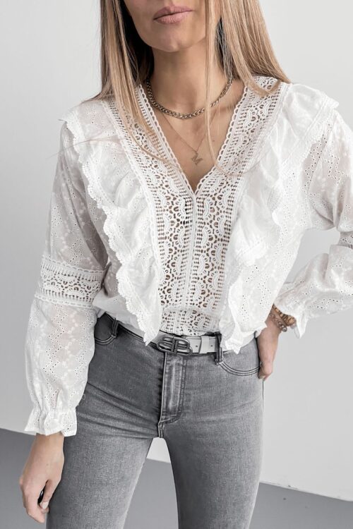 Women Clothing Spring Summer V-neck Lace Long Sleeve Tops Shirt Lace Hollow Out Cutout Eyelet Embroidery