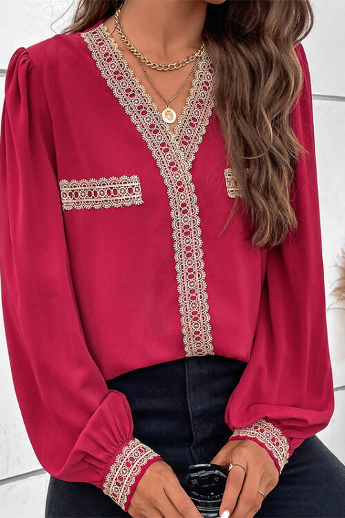 Women Clothing Red Stitching Lace Edge Long Sleeve V neck Shirt Women Top