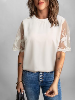 Lace Short-Sleeved Top WomenSolid Col...