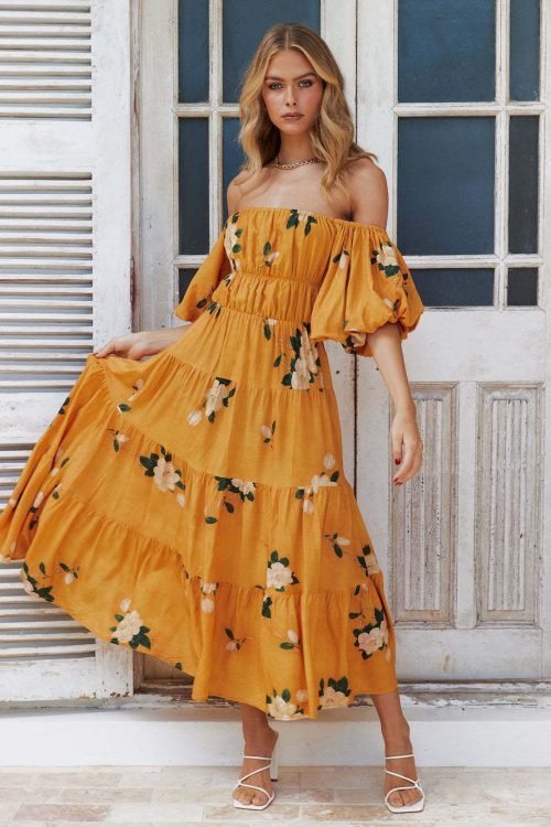 Women Clothing off the Shoulder Bubble Sleeve Printed Dress