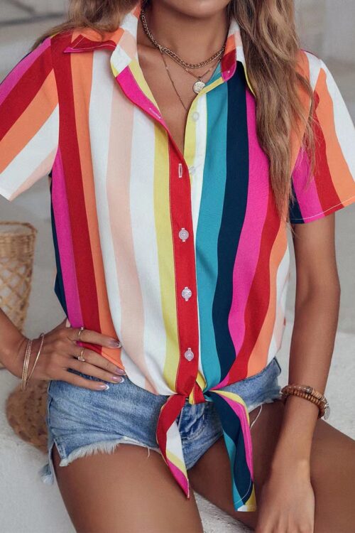 Eaby Sweet Blouse Colorful Striped Casual Polo Shirt