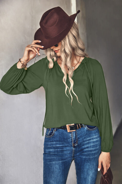 Autumn Winter Solid Color V neck Long Sleeve Top