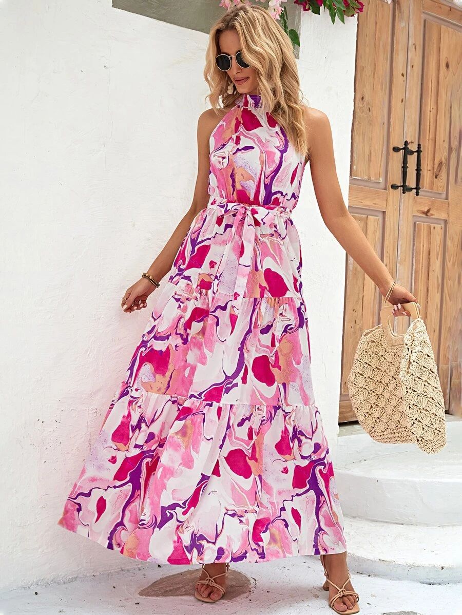 Women Summer Printed Bohemian Sleeveless Ruffled Dress