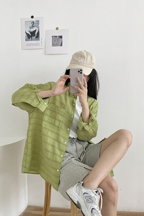 Horizontal Texture Profile Sun Protection Shirt for Women Summer Loose Japanese Retro Shirt