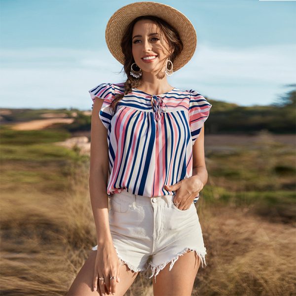 Popular Summer Round Neck Striped Ruffle Sleeve Collar Lace up Top