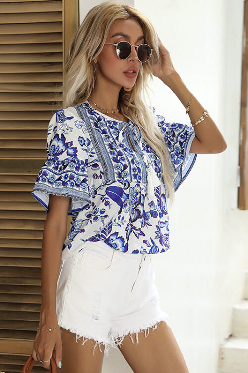 Summer Women Clothing Blue Lace-up Short Sleeve Holiday Floral Print Shirt