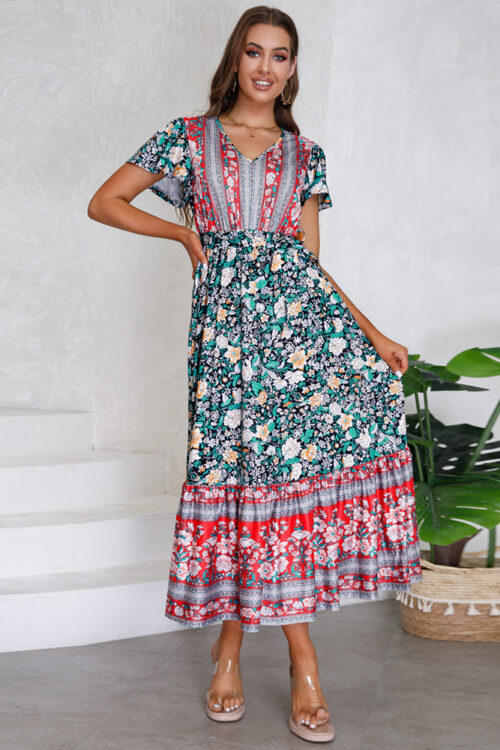 Women Clothing Summer V neck Ruffle Sleeve Floral Print Maxi Dress