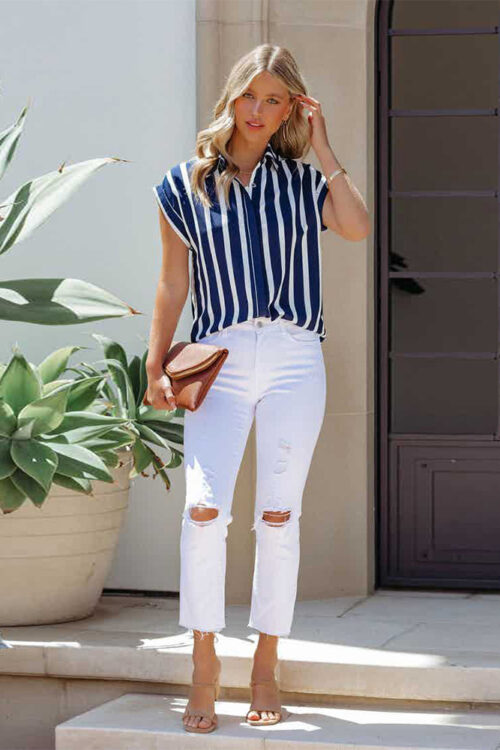 Summer Striped Collared Cardigan Single-Breasted Casual Loose Shirt Women