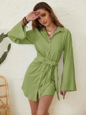 Women Clothing  Green Stand Collar Sh...