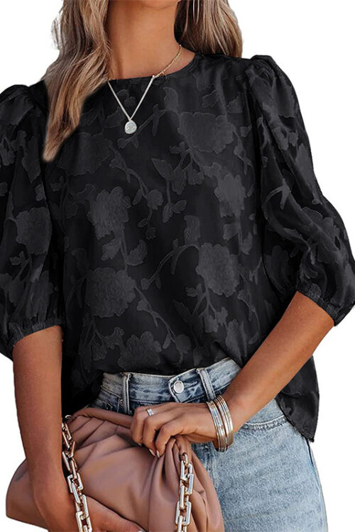 Women Clothing Summer Floral Texture Puff Sleeve Chiffon Loose Sweet Top
