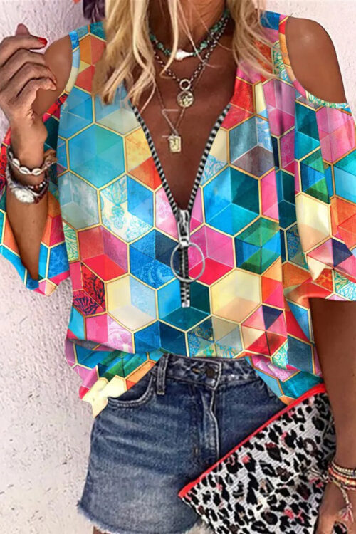 Summer Printed V-neck Zipper off-Shou...