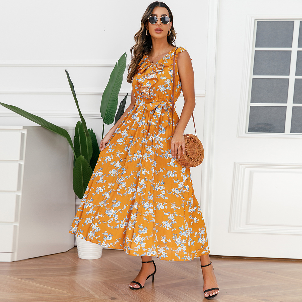 Women Clothing Sexy V neck Floral Pleated Summer Chiffon Maxi Dress