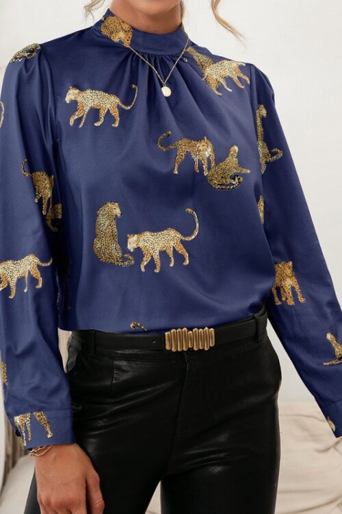 Spring Summer Leopard Printed Shirt Long Sleeve Pullover Shirt Top for Women