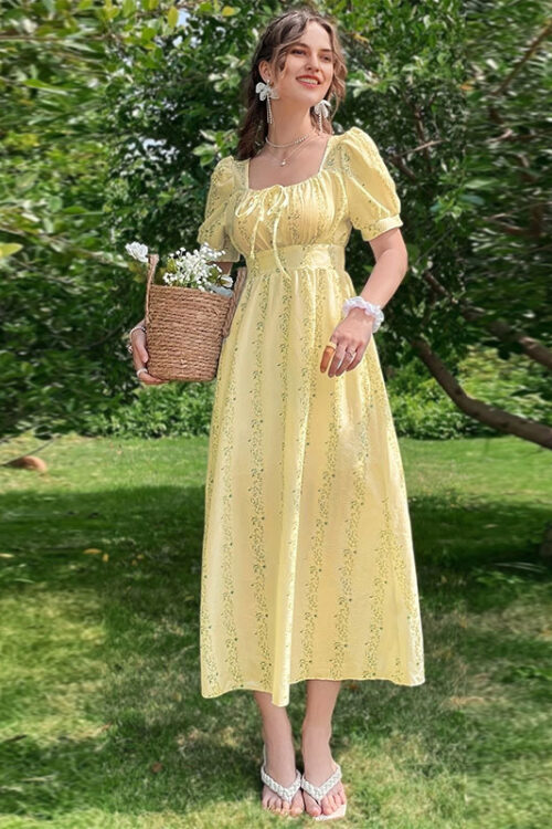 Summer French Floral Yellow Dress Puf...