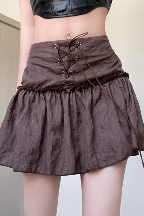 Texture Lace up Pleated Skirt Brown Distressed Pleated A line Skirt Low Waist Casual Short Skirt for Women Summer