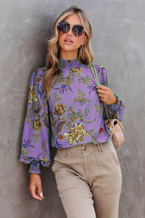Fall Floral Print Long Sleeve Turtleneck Loose Casual Shirt Women