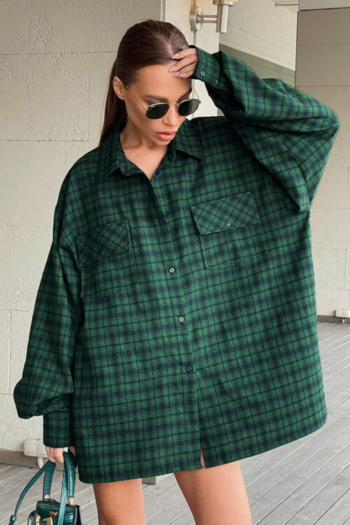 Women  Clothing Retro Plaid Shirt Green Boyfriend Mid Length Loose Oversize Shirt